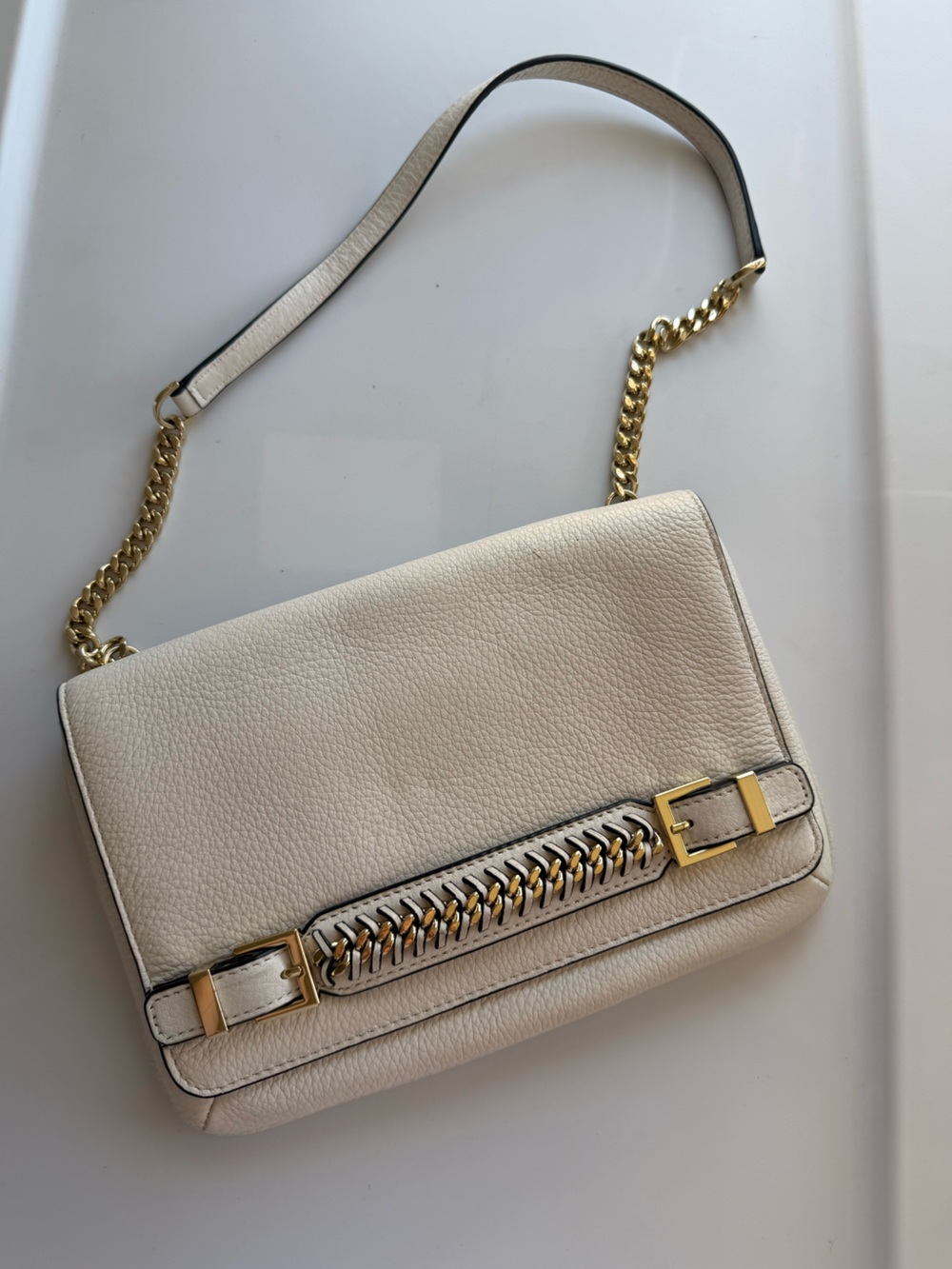 Diane Von Furstenberg Ivory Cream Leather Shoulder Bag with Gold Chain Strap
